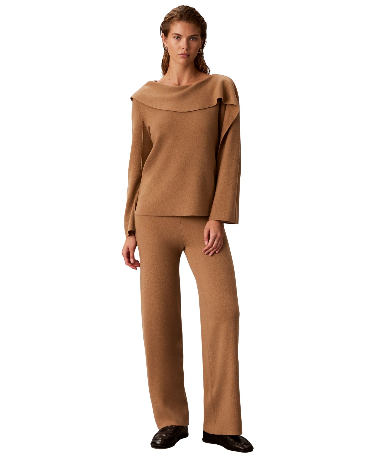 Petite Asymmetrical Drape Boat Neck Long-Sleeve Sweater