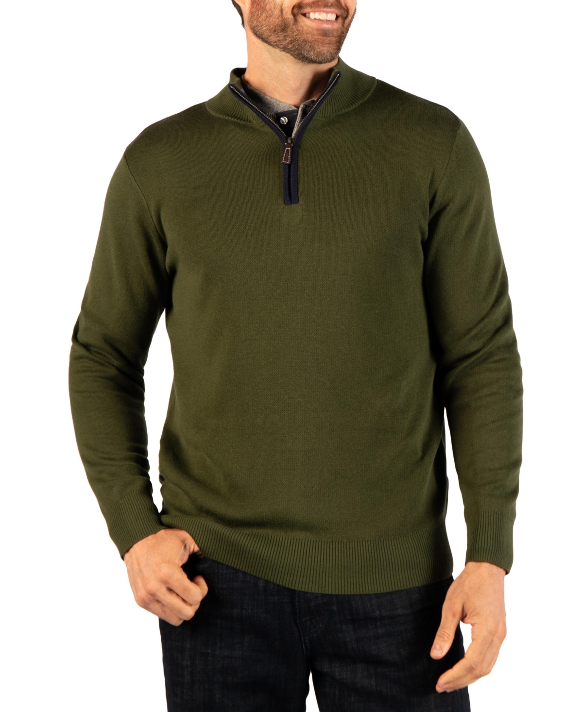 TailorByrd Men's Fine-Knit Mock-Neck Quarter-Zip Sweater with Contrast Tipping