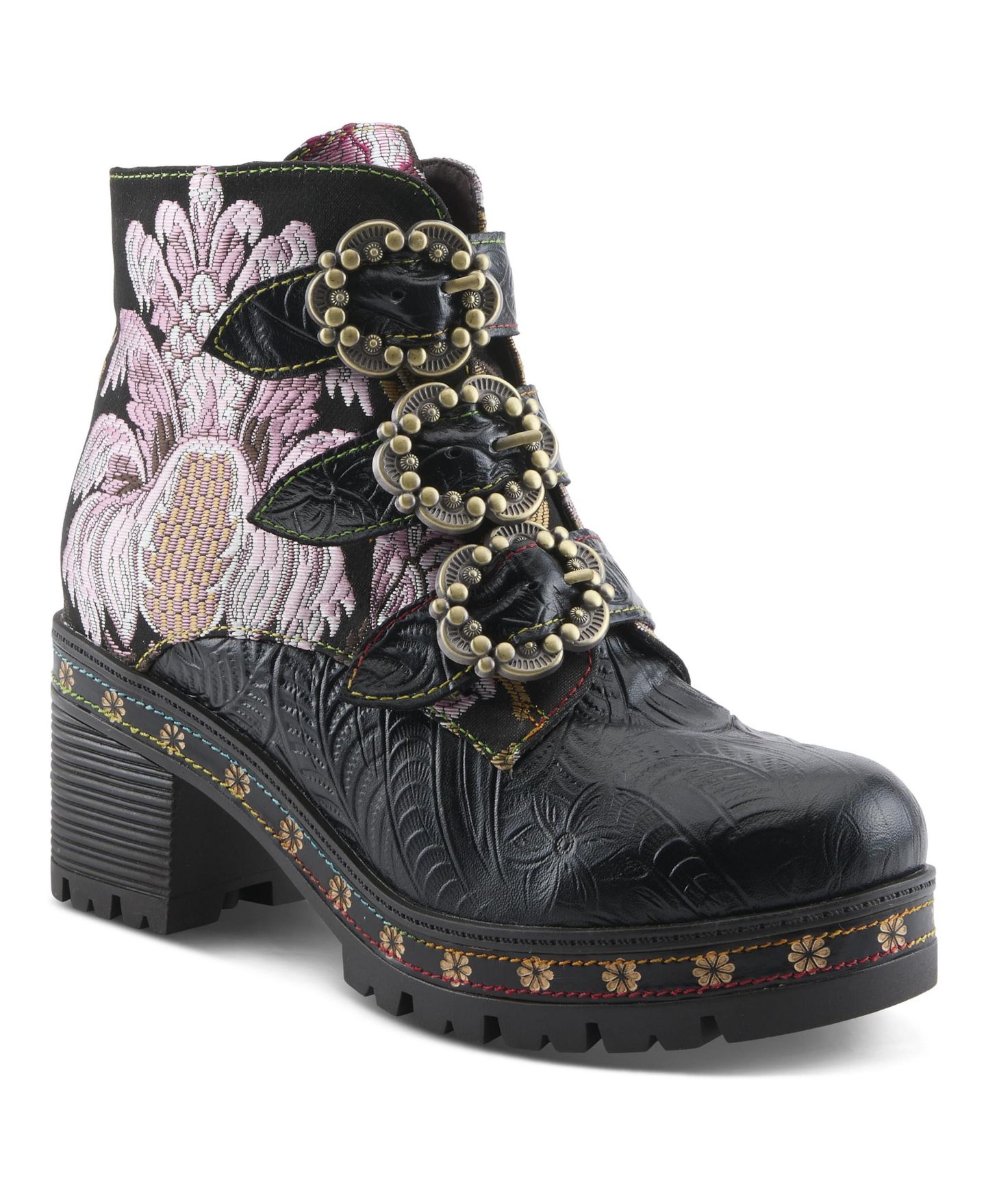 Женские ботинки L'Artiste Spring Step Brazza Platform Bootie with Floral Embroidery, цвет: Чёрный разноцветный — фото 1