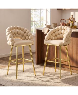 Bubble Bar Stools Set of 2, Velvet Upholstered Bar Chairs With Tufted Back, Gold Metal Legs, Counter-Height Seating for Kitchen Island