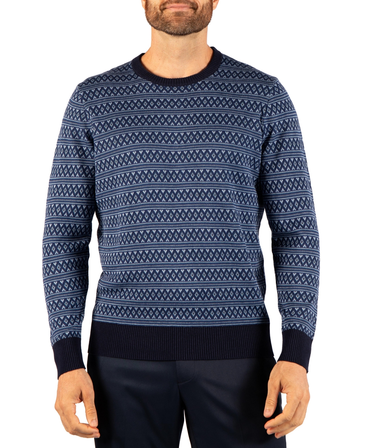 Tailorbyrd Men's Fair Isle Regular Fit Crewneck Sweater - Denim