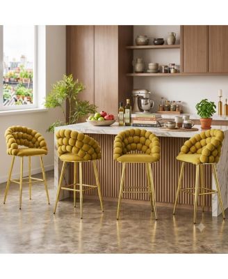 Bar Stools Set of 4, Ball-Chain Bubble Back Accent Chairs, Velvet Cushion Seat, Metal Frame, Home Bar Seating