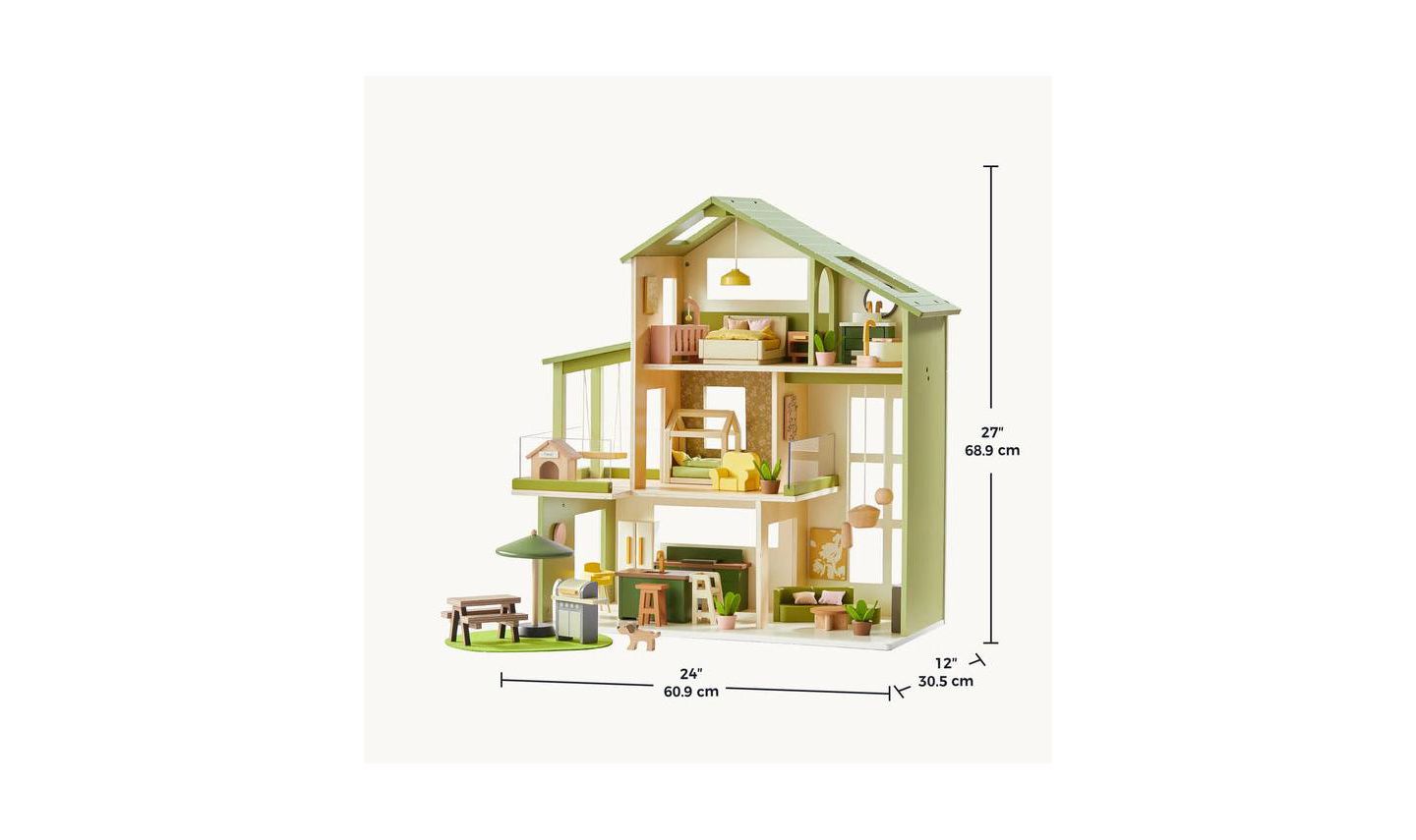 Деревянный 3-этажный кукольный дом Tiny Land Sweetwood Edge, Монтессори, 49 предметов, цвет: Зелёный — фото 9