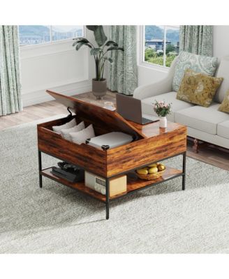 Lift Top Coffee Table with Storage Shelves Farmhouse Style Durable Metal