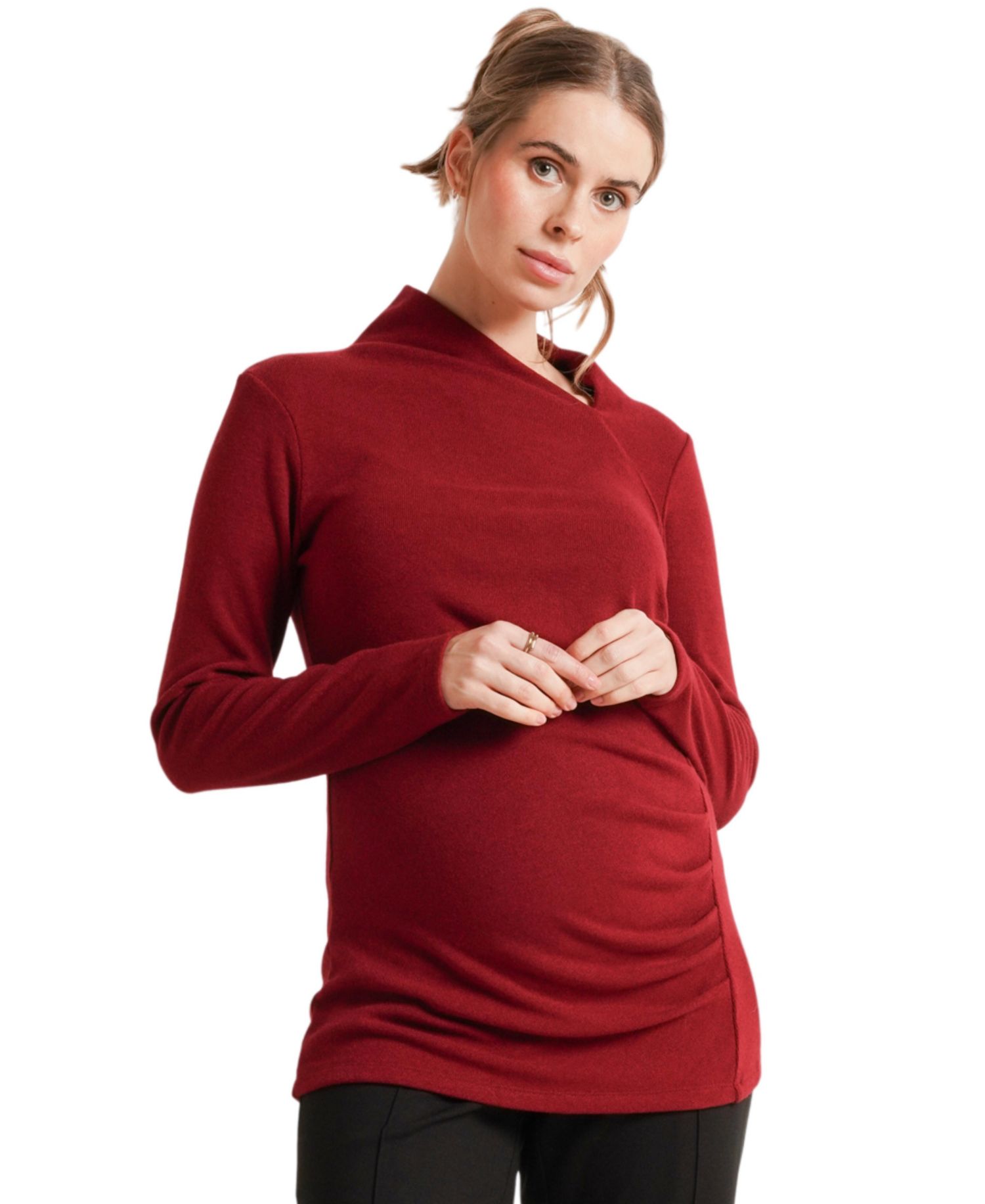 Claire Asymmetric-Neckline Long-Sleeve Ruched Sweater