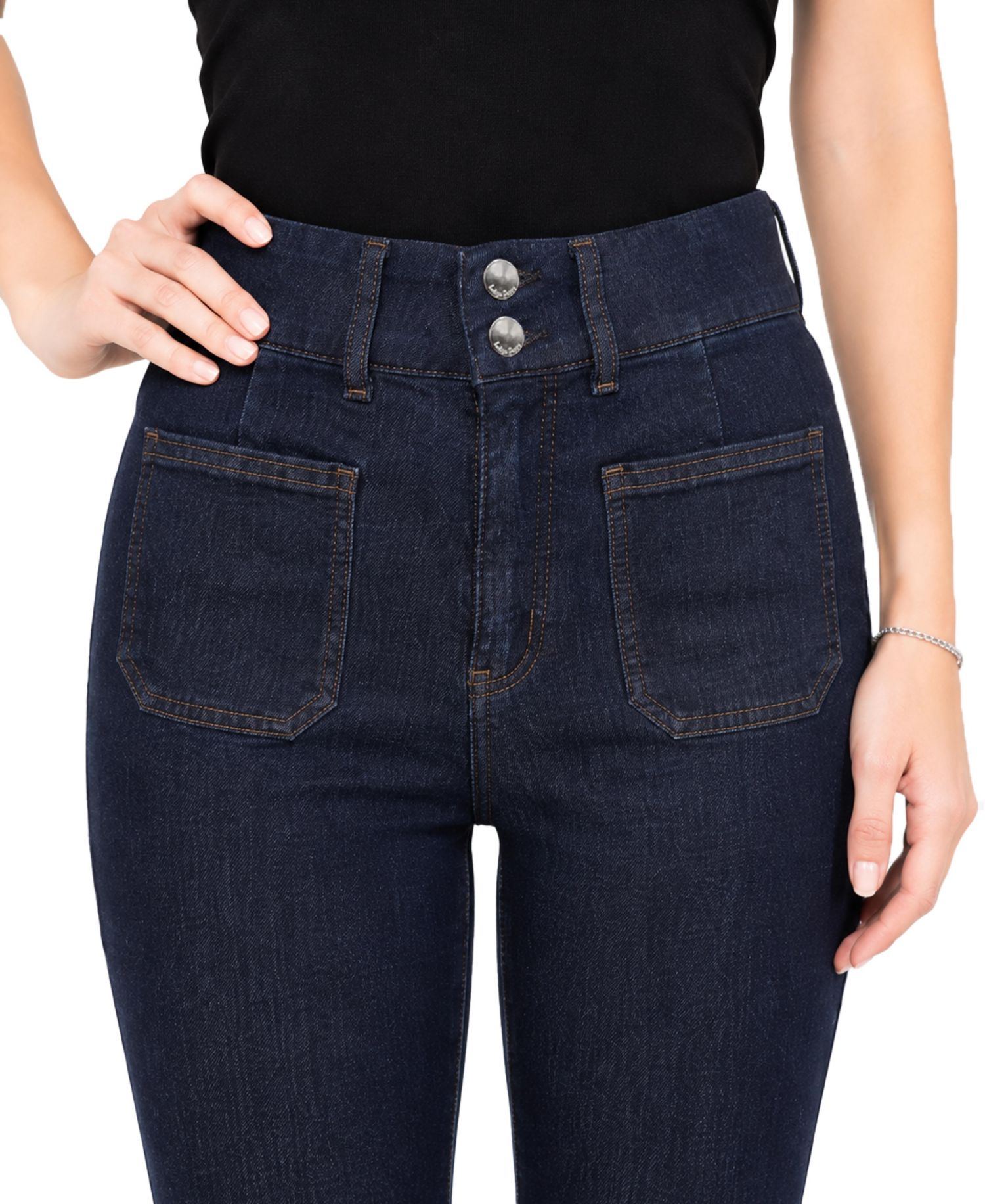 Women's Dark Rinse Tummy Control Bootcut Jean with Back Patch Pocket Embroidery Detail