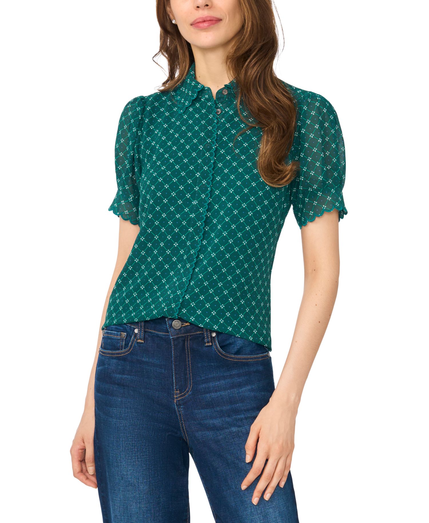Women's Scallop-Trim Point-Collar Short-Sleeve Button-Up Top