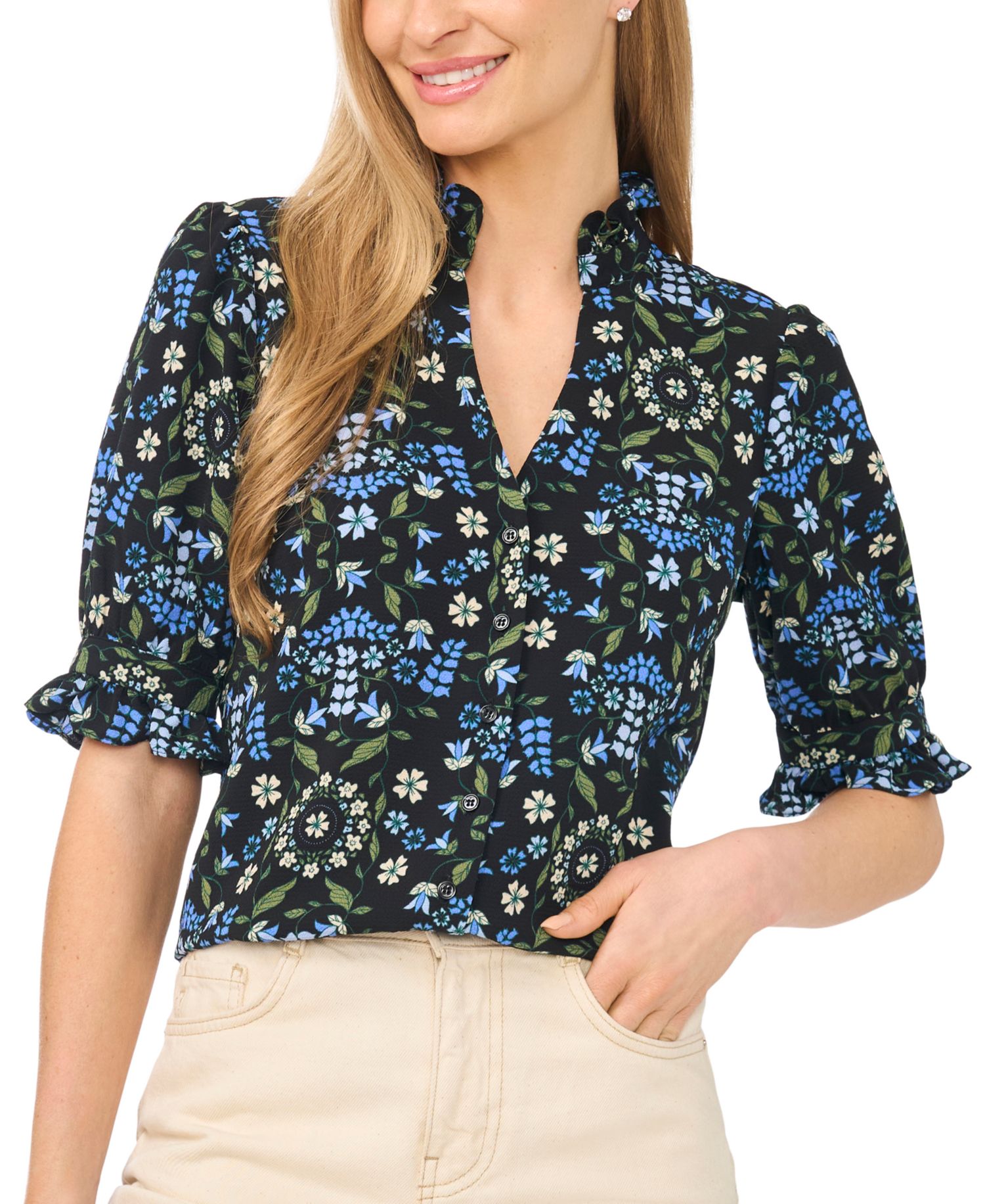 Women's V-Neck Floral Ruffle Button-Down Blouse