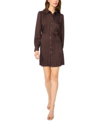 Women's Long-Sleeve Button-Down Pleated Mini Dress