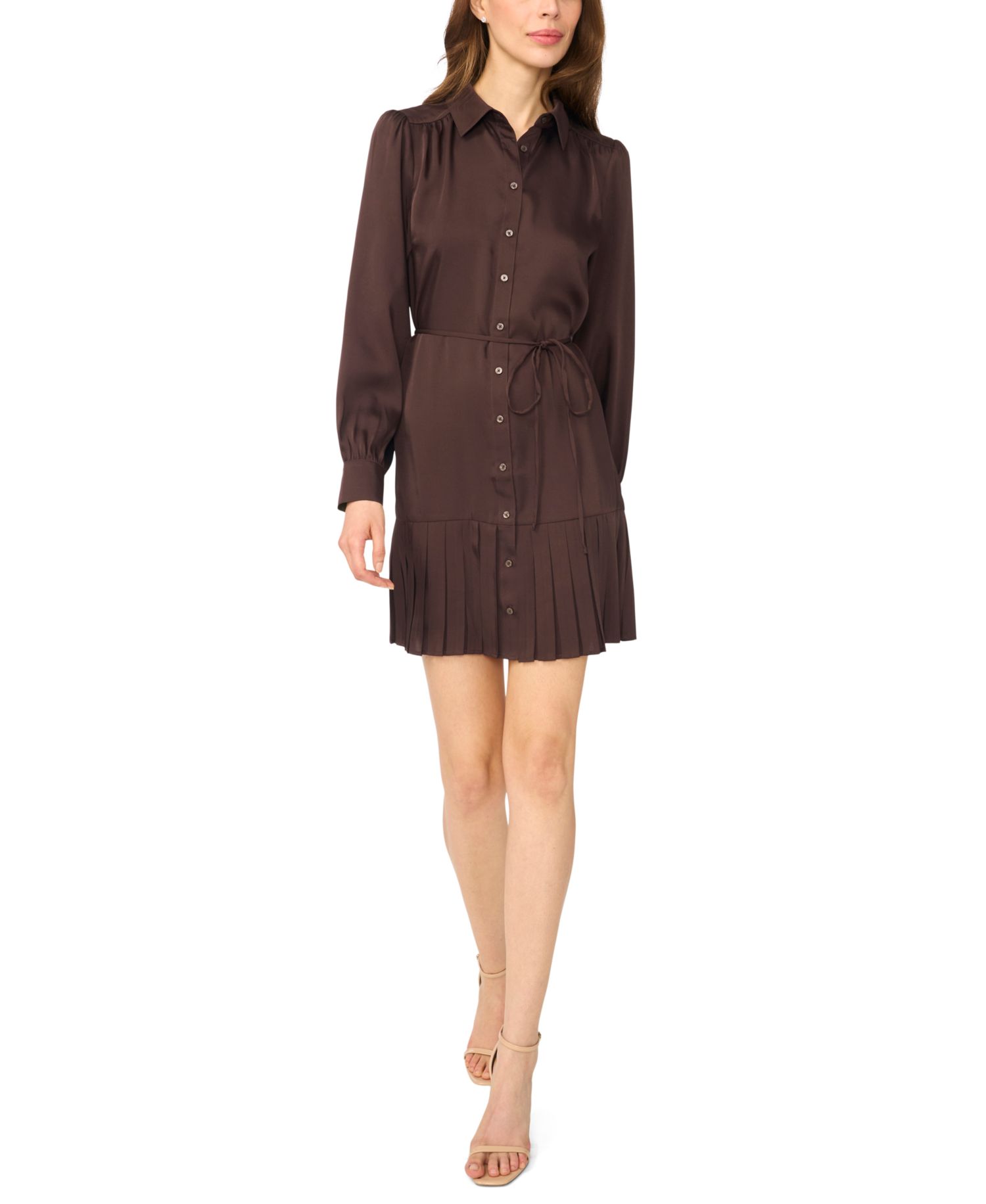 Women's Long-Sleeve Button-Down Pleated Mini Dress
