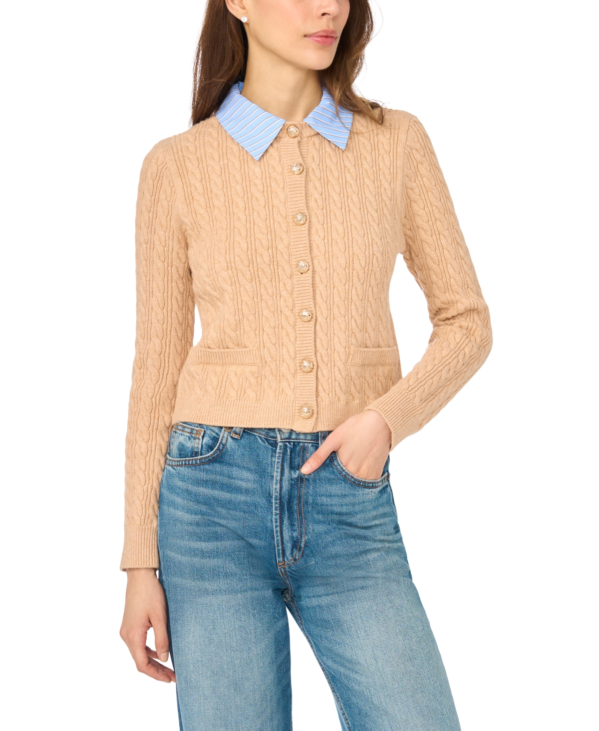 CeCe Women's Twofer Cable-Knit Collared Long-Sleeve Cardigan