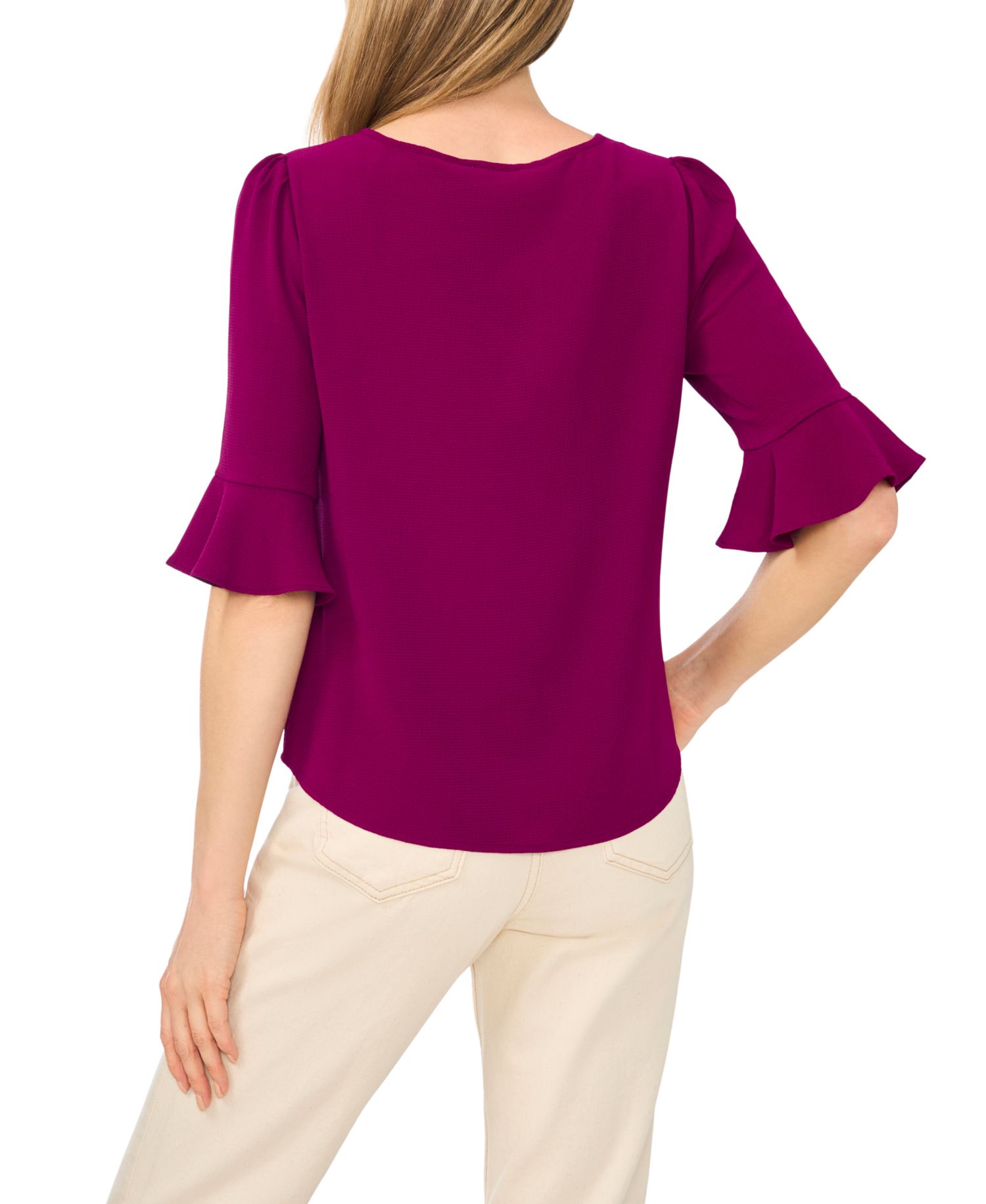 Women's Split Tie Neck Ruffle Cuff 3/4-Sleeve Top