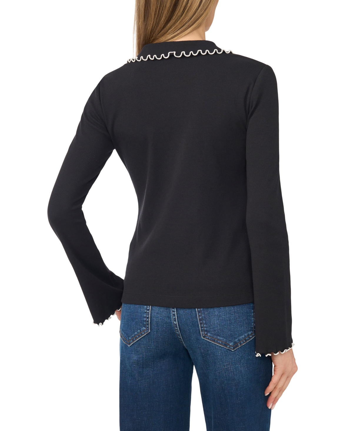 CeCe Women's Lettuce-Edge Bell Sleeve V-Neck Button-Down Blouse