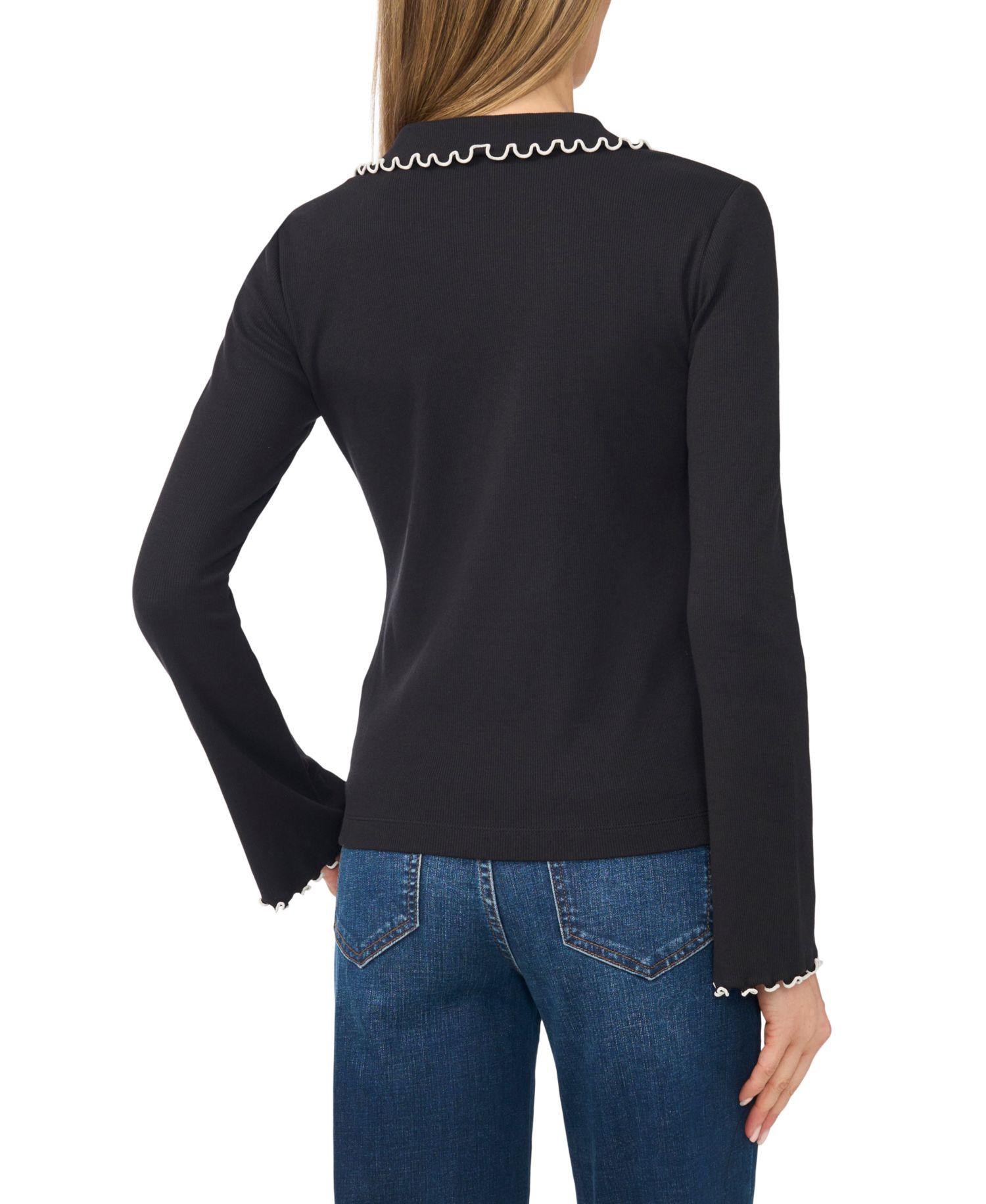 Women's Lettuce-Edge Bell Sleeve V-Neck Button-Down Blouse