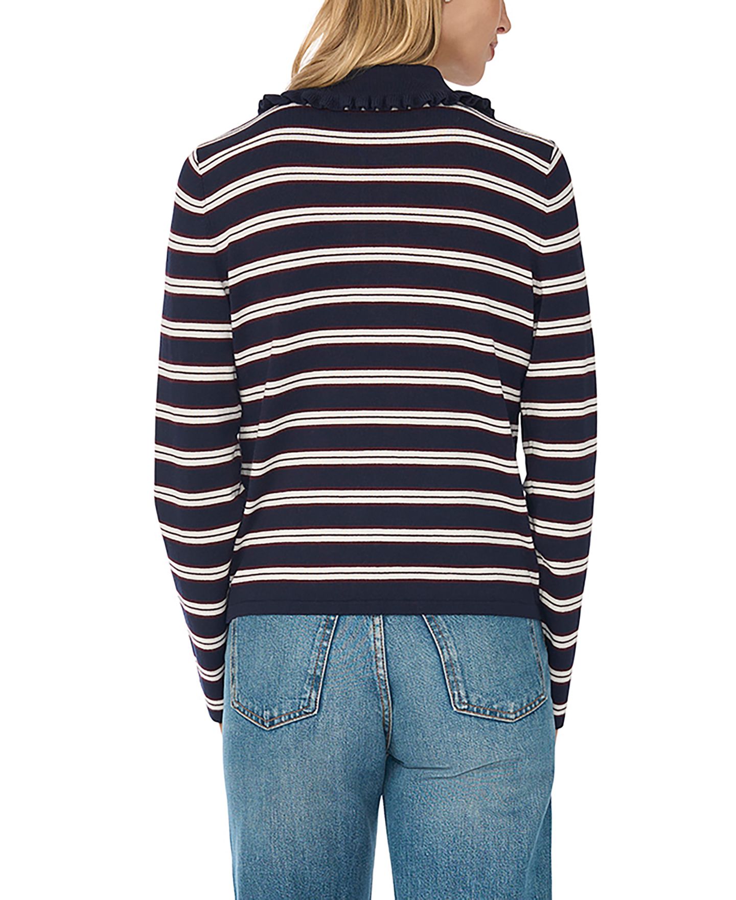 Женский свитер CeCe Ruffle-Collar Striped, цвет: Тёмно-синий ягодный — фото 3