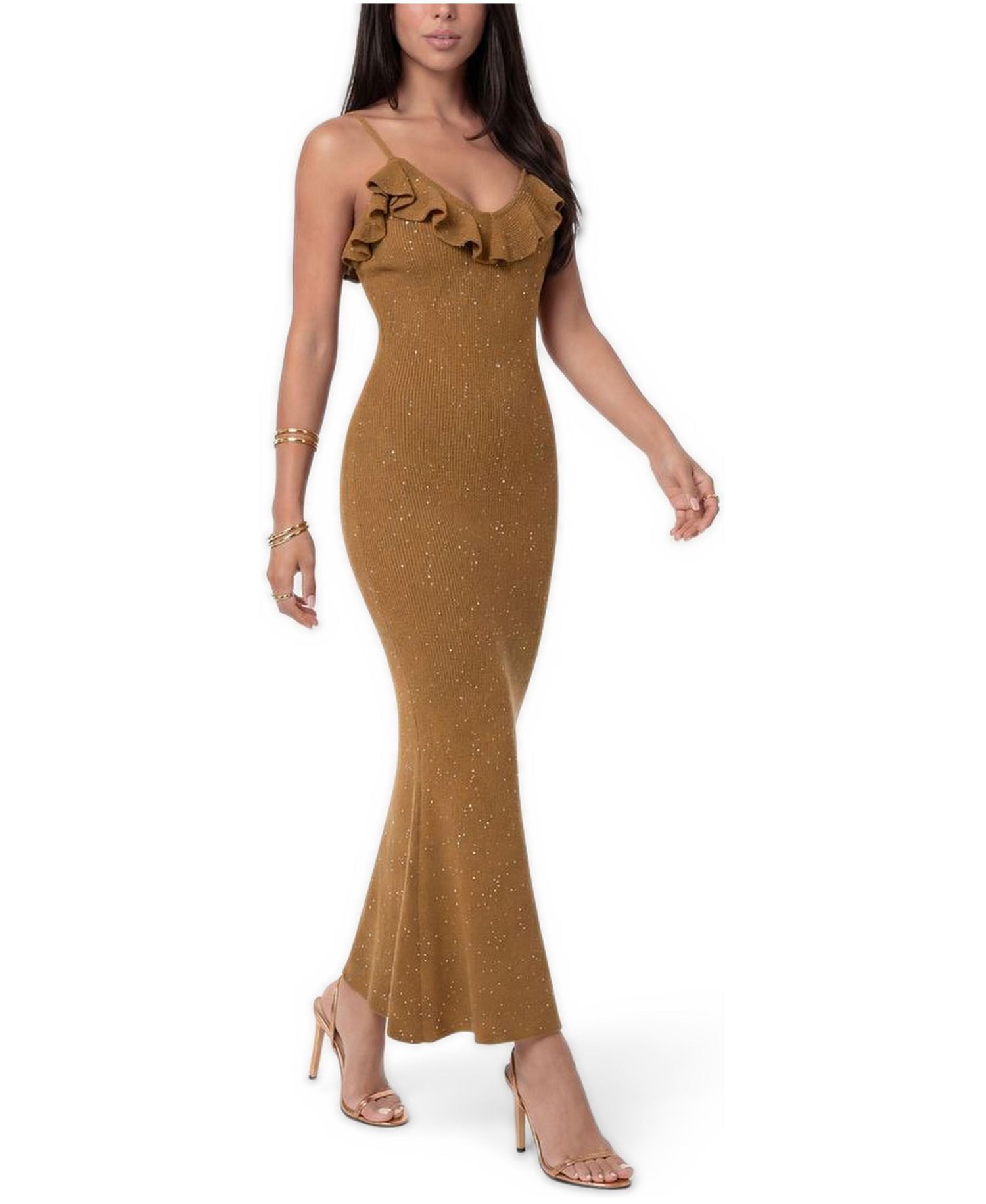 Women's Sequin Crochet Ruffle Neck Gown