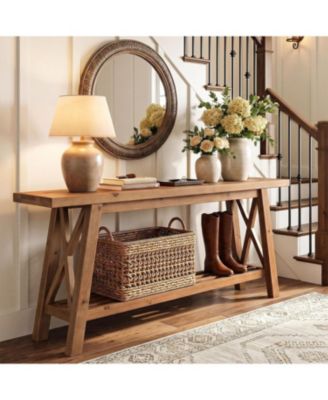 63" Solid Wood Console Table, 2-Tier Entryway Table