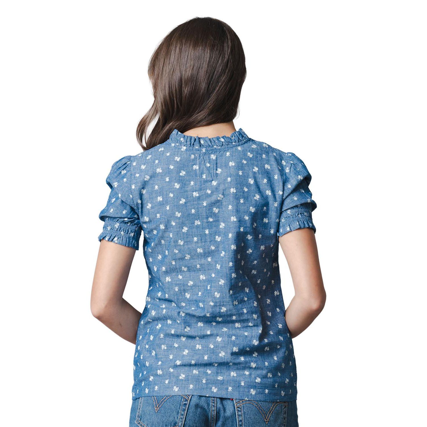 Women's Chambray Puff-Sleeve Floral-Print Blouse