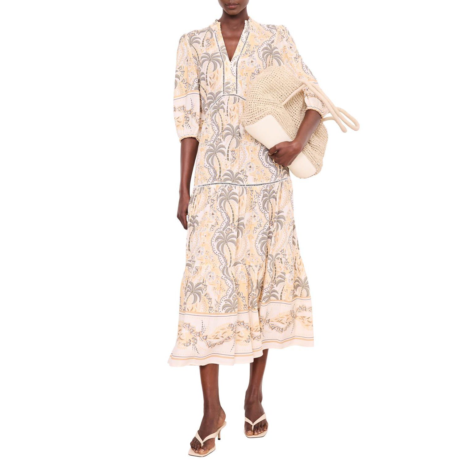 Women's Palm-Print V-Neck 3/4-Sleeve Maxi Dress