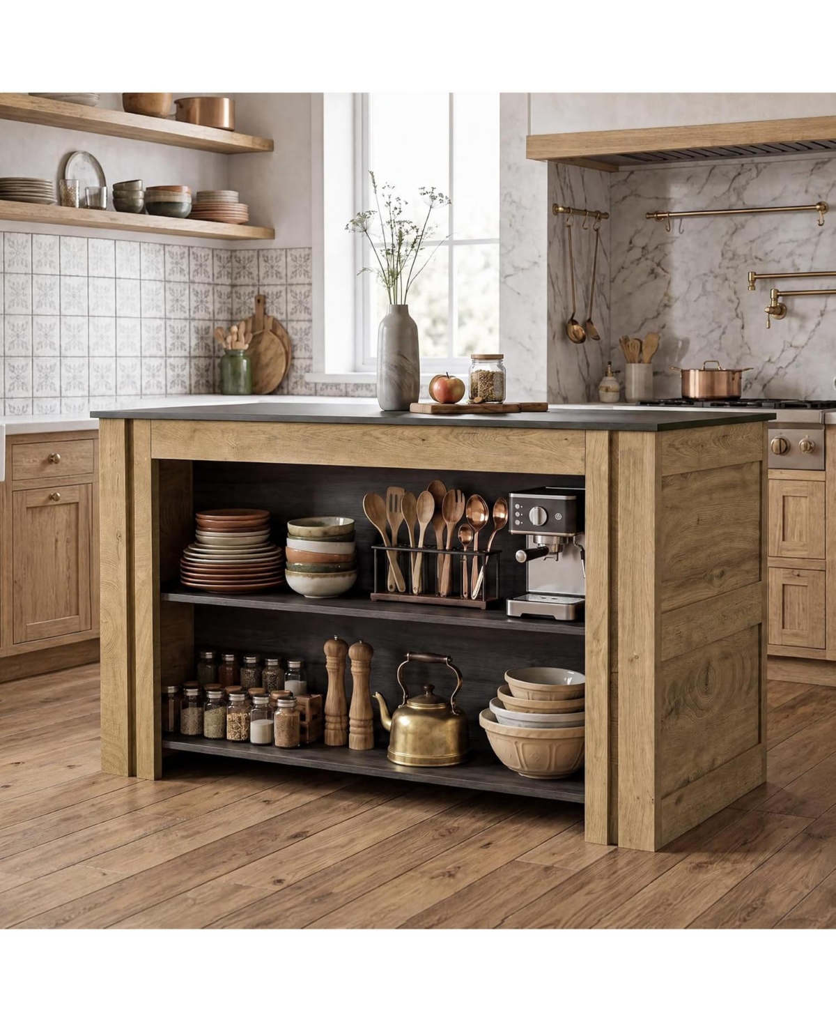 Tribesigns Kitchen Island with Seating and Storage, Farmhouse Wood Stationary Island Table, Coffee Bar Table