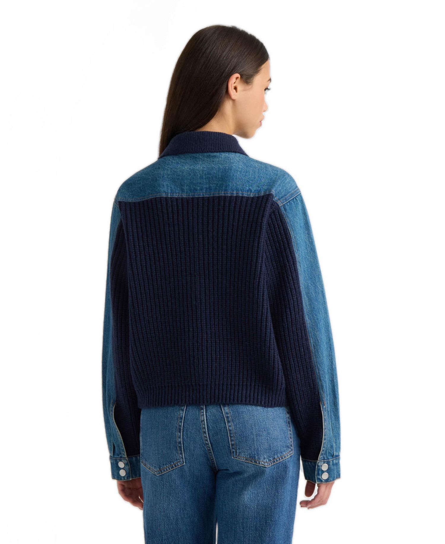 Women's Denim Trim Long-Sleeve Sweater Jacket