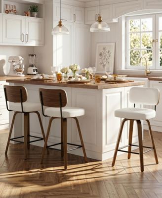 29" Swivel Bar Stool, PU Leather Back with Footrest and Solid Wood Frame, Bar Height for Kitchen Island, Mid-Century Modern
