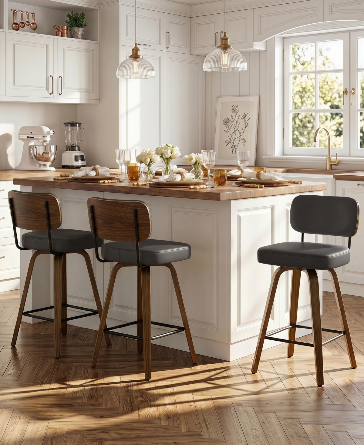 Bekrvio 29" Mid-Century Swivel Bar Height Bar Stool, Faux Leather Kitchen Stool - Pu gray