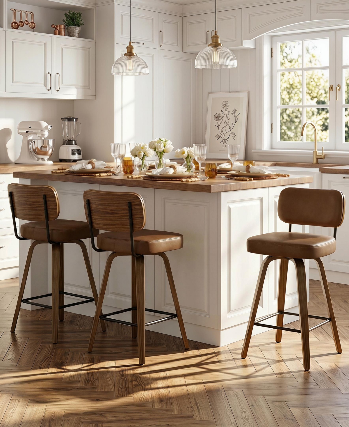 Bekrvio 29" Mid-Century Swivel Bar Height Bar Stool, Faux Leather Kitchen Stool - Pu brown