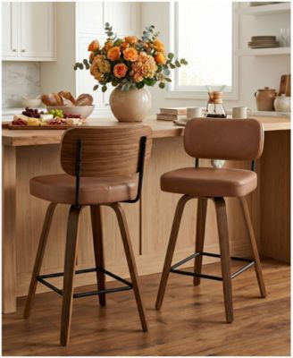 29" Mid-Century Swivel Bar Height Bar Stool, Faux Leather Kitchen Stool