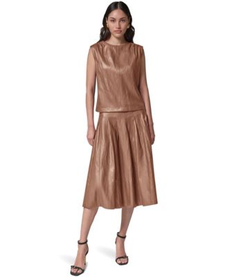 Women's Faux-Leather Sleeveless V-Back Blouse & Women's Pleated A-Line High-Waisted Skirt