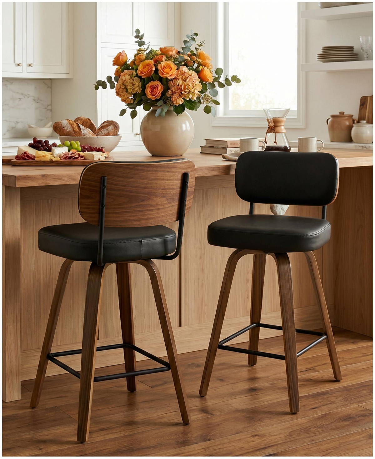 Bekrvio 29" Mid-Century Swivel Bar Height Bar Stool, Faux Leather Kitchen Stool - Pu black
