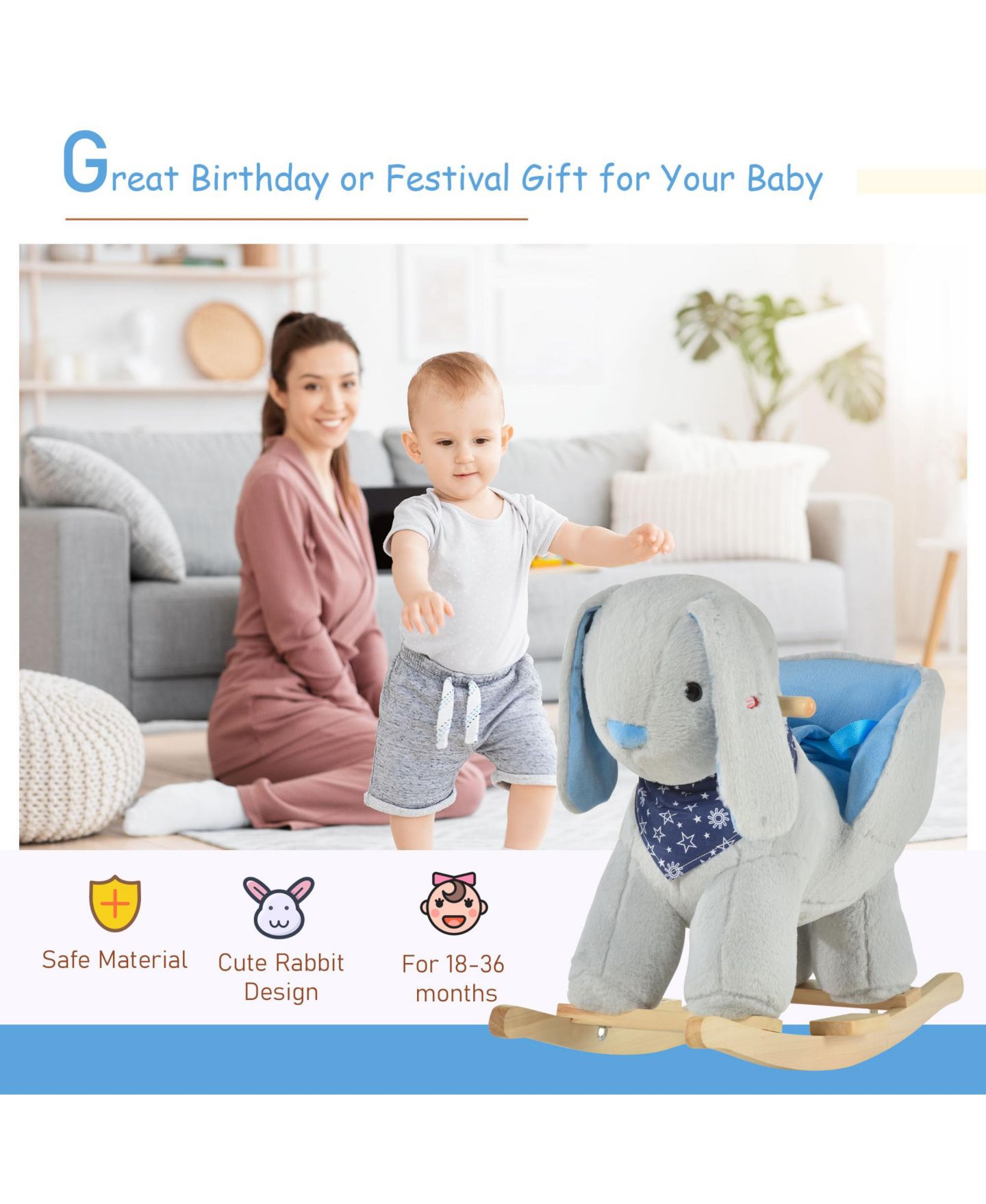 Детские мягкие игрушки Glintex Kids Rocking Horse Bunny Rocker with Lullaby Music, Plush Ride-On Toy with Wood Base and Seat Belt for Toddlers 18-36 Months, Grey, цвет: Серый — фото 6