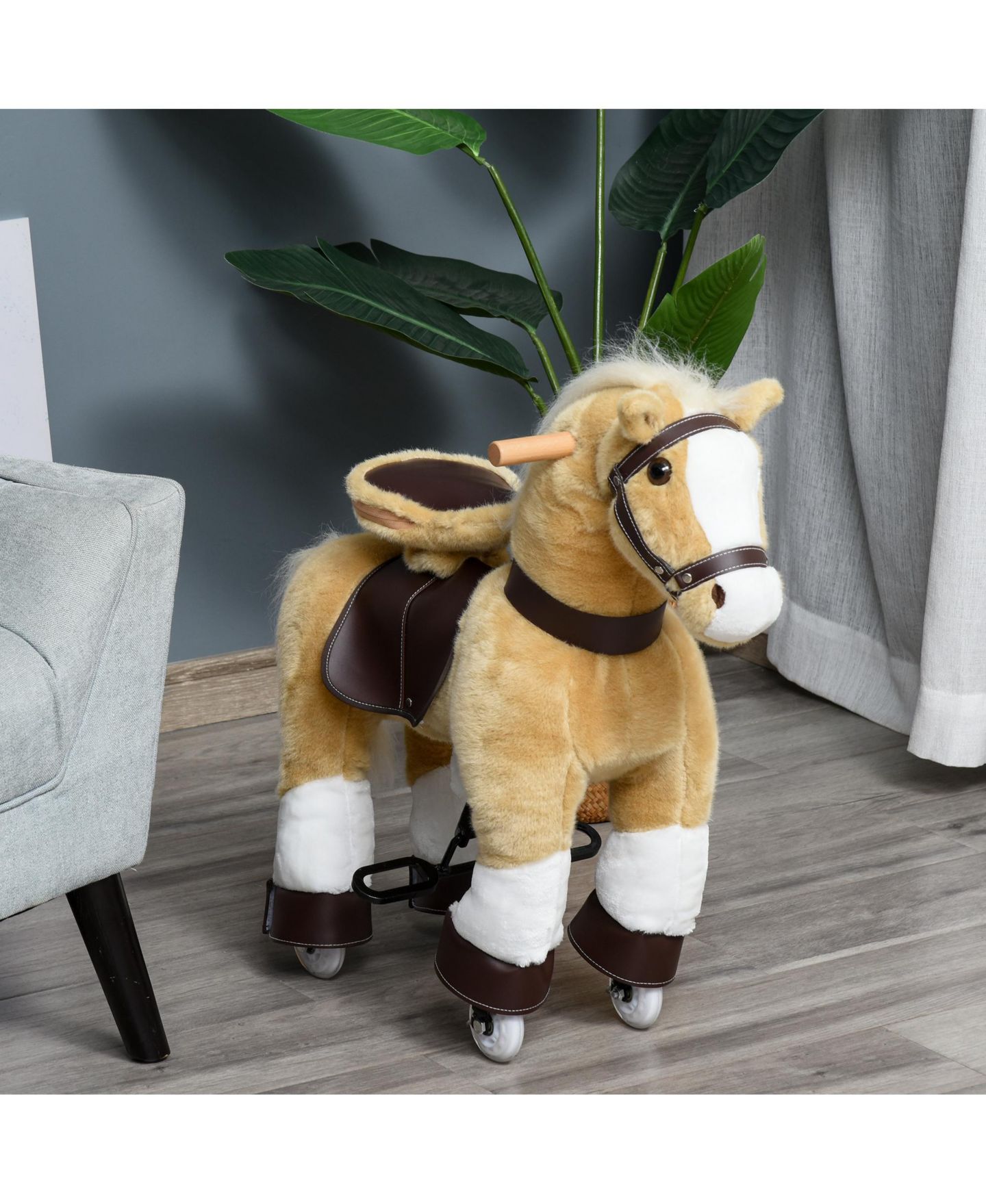 Детская мягкая игрушка Glintex Ride On Walking Horse Plush Toy with Pedal Drive and Steering Handlebars, Holds 130 lbs, Ages 3-8, цвет: Светлый коричневый — фото 7