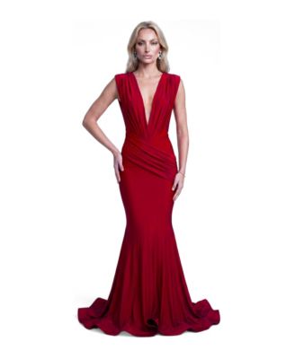 Women's Ruched Plunge Pleated Sleeveless Mermaid Gown