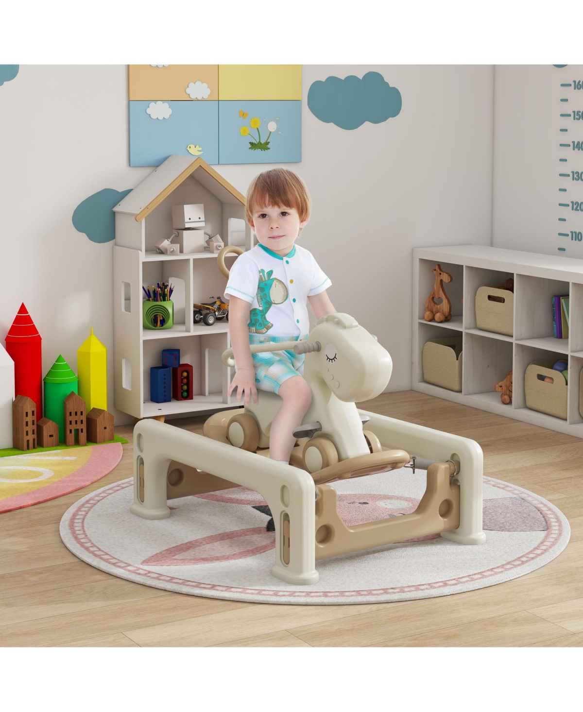 Glintex 5-in-1 Rocking Horse with Balance Board, Push Handle & Footrest, 66-lb Capacity, Ages 1-3