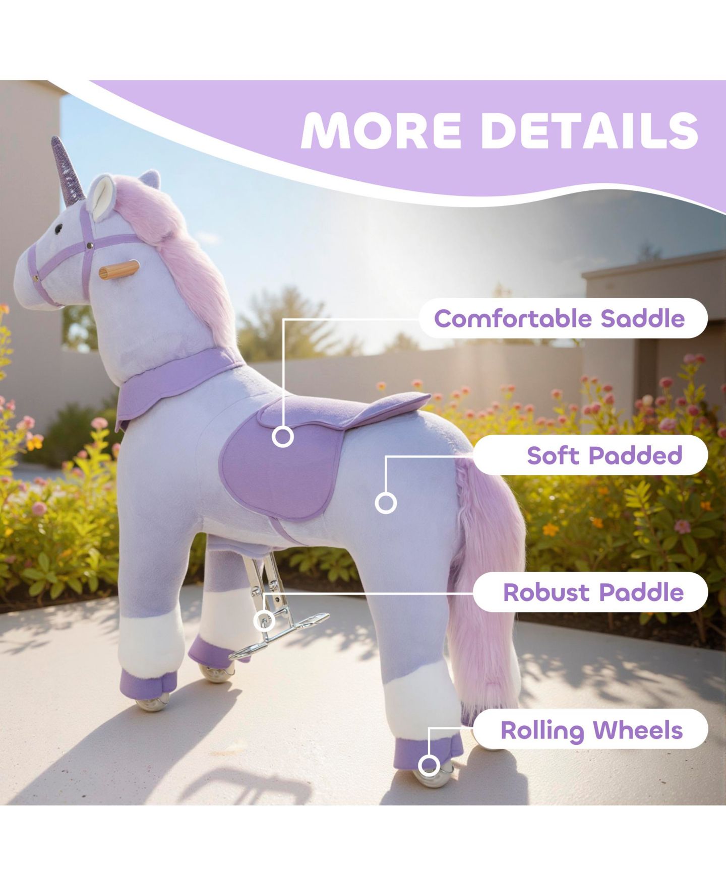 Детская мягкая игрушка Glintex Ride On Unicorn Toy for Kids 4-7, 37.8 in Plush Rocking Horse with Wheels and Pedal Drive, No Batteries Required, цвет: Фиолетовый — фото 8