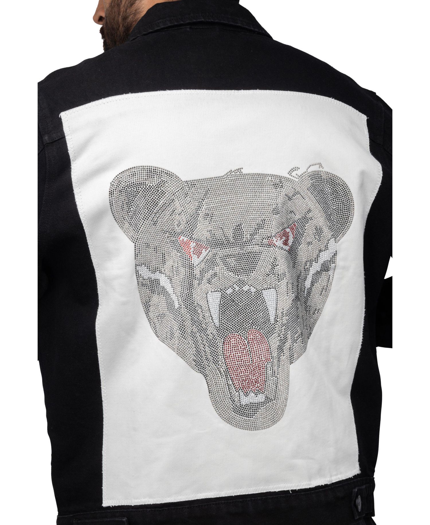 Men's Rhine Stone Graphic Back Denim Trucker Jacket