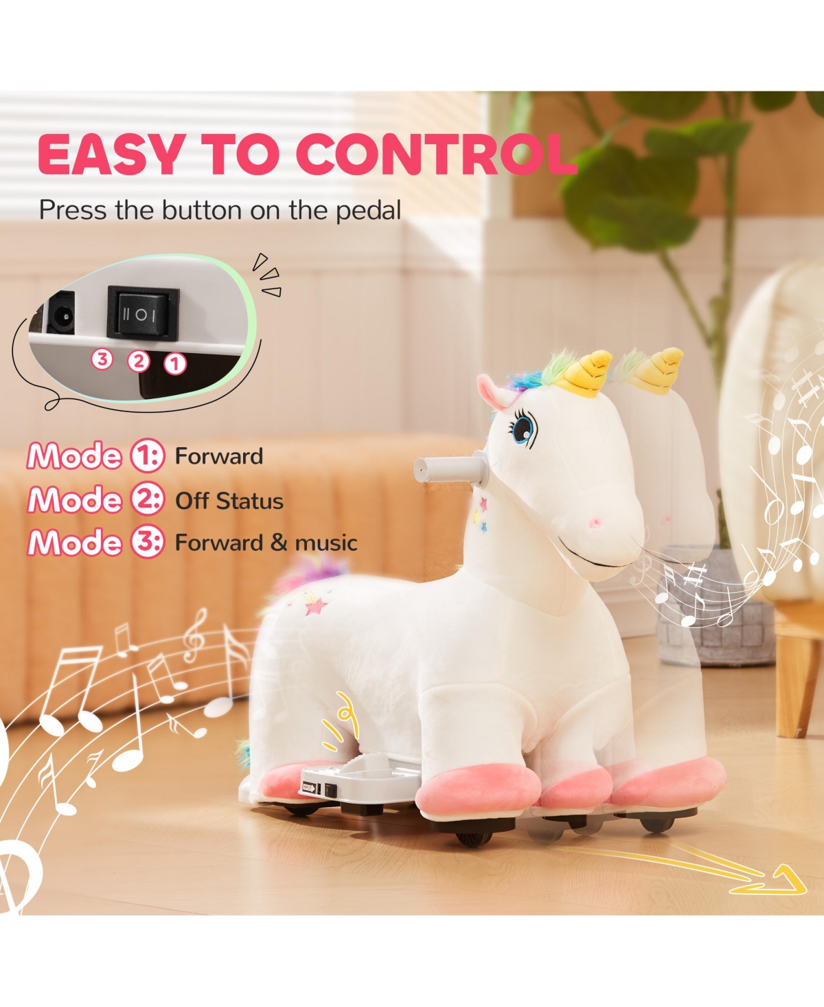 Glintex 6V Plush Electric Ride-On Unicorn with Music, 55 lbs. Capacity, Ages 18-36 Months