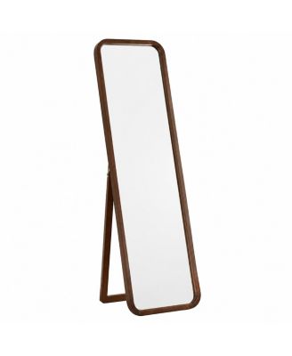 Full Length Floor Mirror with Solid Beech Wood Frame Walnut Finish Freestanding Body Mirror with Support Stand Large Hanging Mirror