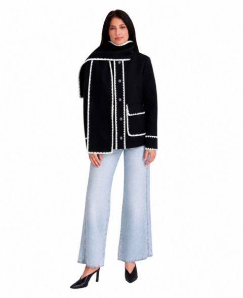 Женская куртка Kensie Faux Wool With Wipstich Detail And Scarf, цвет: Чёрный
