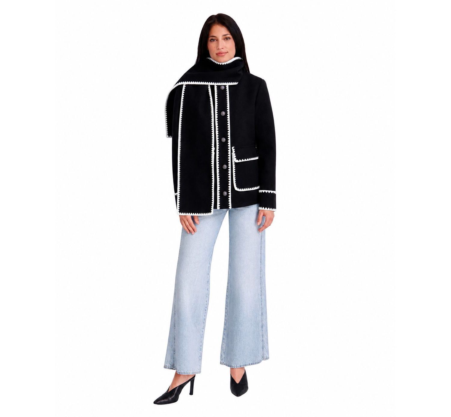 Women's Faux Wool Jacket With Wipstich Detail And Scarf