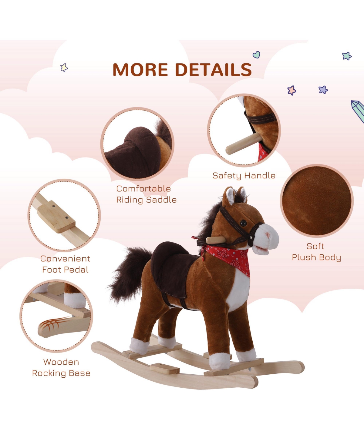 Glintex Kids Rocking Horse with realistic sounds, red scarf, plush pony design, saddle and footrest, for ages 3+, supports up to 88 lbs
