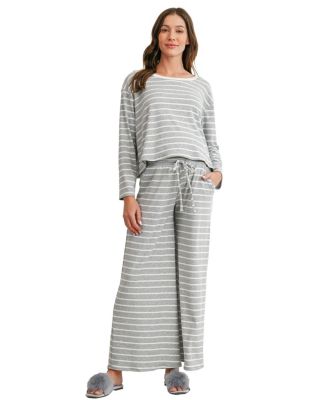 Maternity Striped Long-Sleeve Wide-Leg Top and Pants, 2-Piece Set