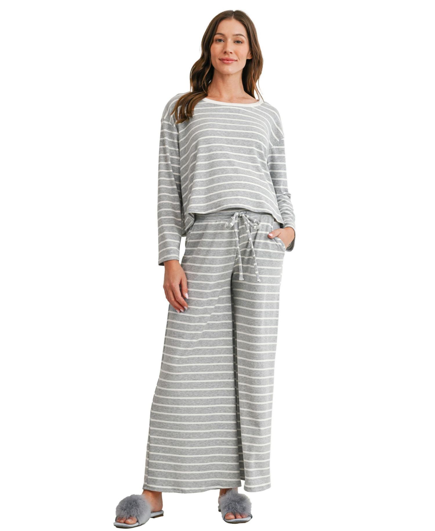 Maternity Striped Long-Sleeve Wide-Leg Top and Pants, 2-Piece Set