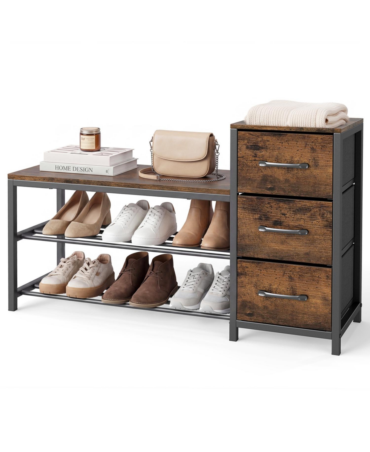 Mecale 3 Tier Industrial Shoe Bench with 3 Removable Fabric Drawers and Anti Toppling Kits Rustic
