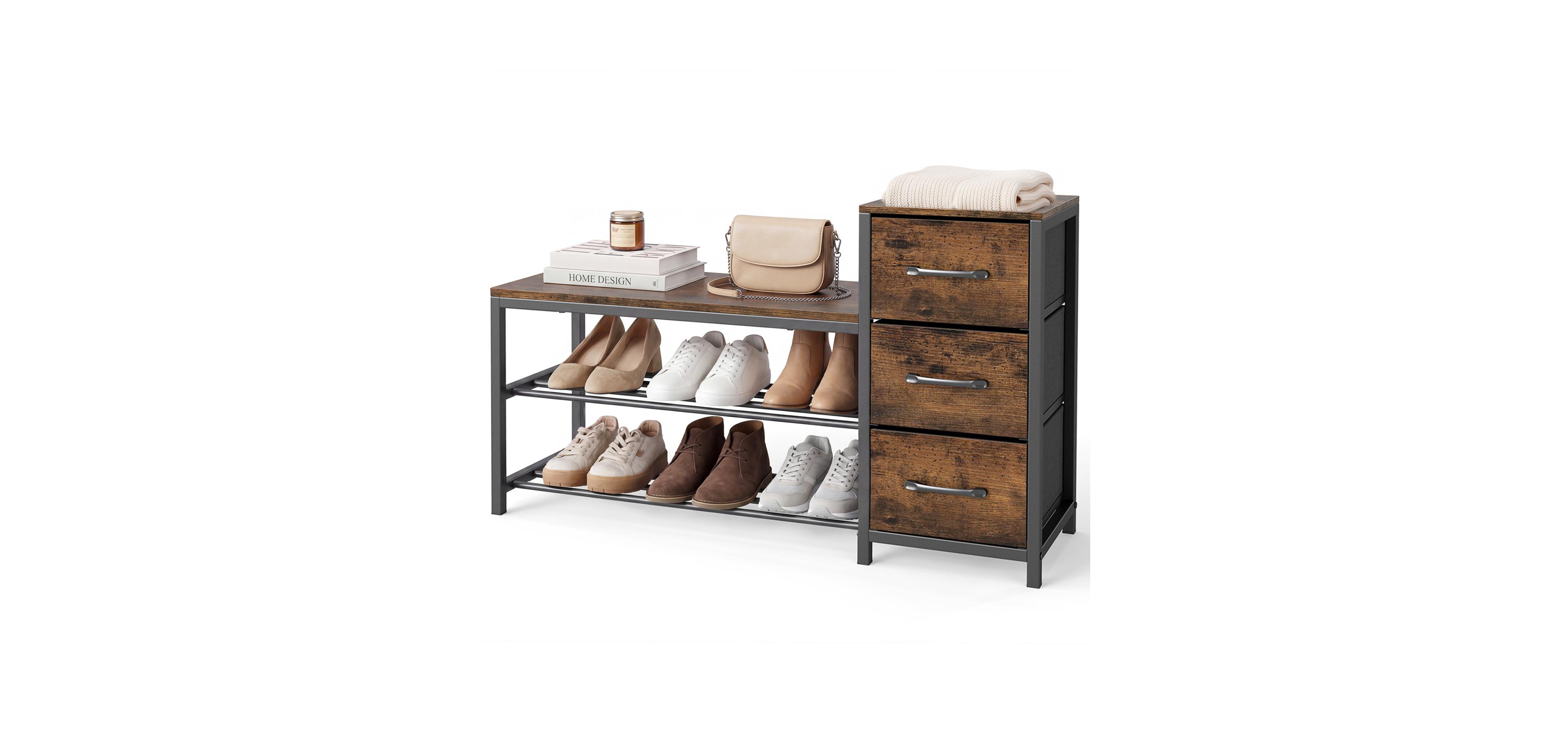 Mecale 3 Tier Industrial Shoe Bench with 3 Removable Fabric Drawers and Anti Toppling Kits Rustic