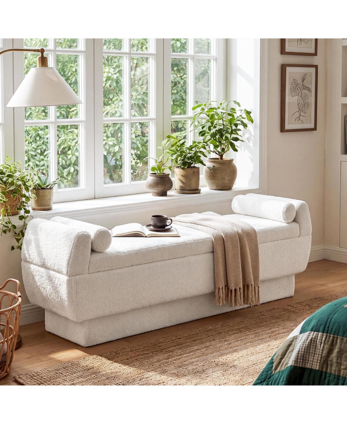 Tribesigns 59.8" End of Bed Bench, Upholstered Entryway Bench | Modern Window Bench with Cylindrical Pillows, Sherpa Storage Ottoman Benches