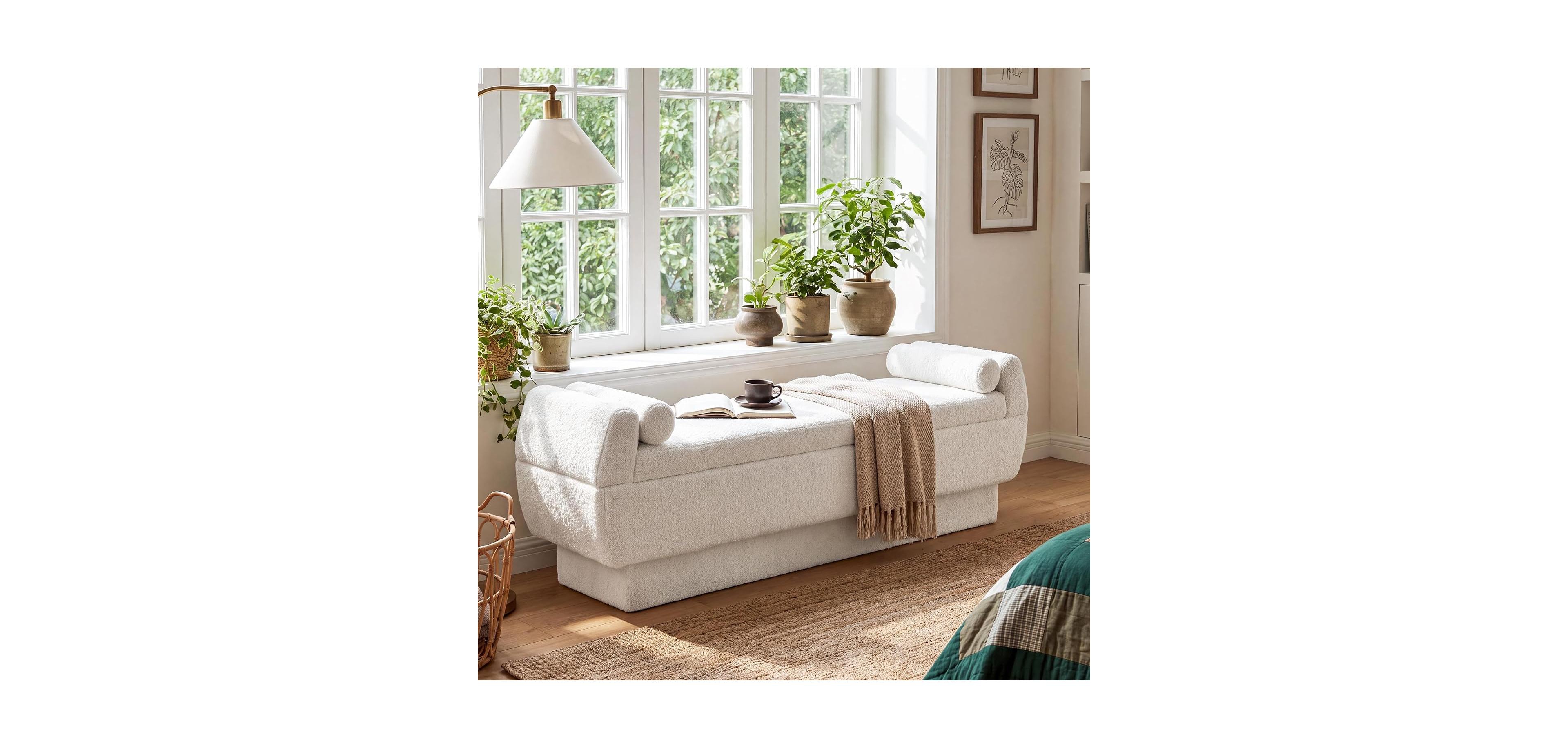 Tribesigns 59.8" End of Bed Bench, Upholstered Entryway Bench | Modern Window Bench with Cylindrical Pillows, Sherpa Storage Ottoman Benches