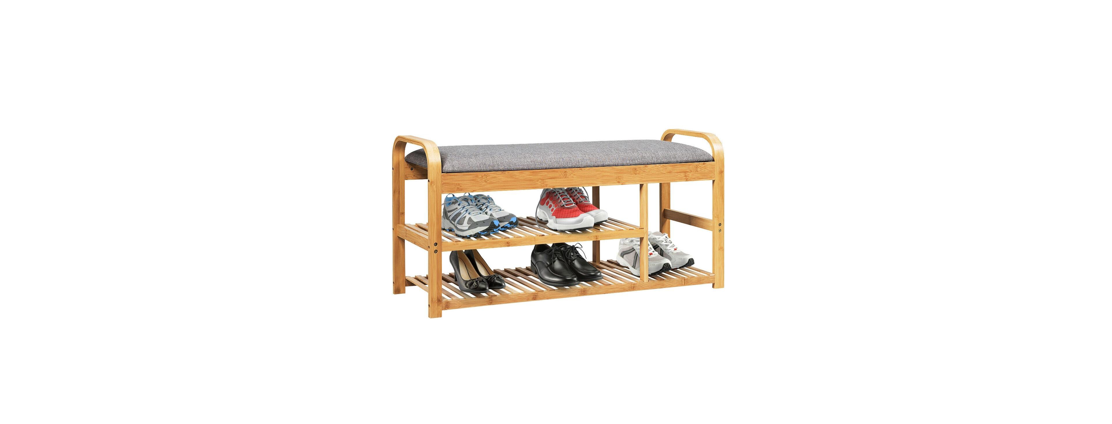 Mecale 3 Tier Bamboo Shoe Rack Bench with Cushion