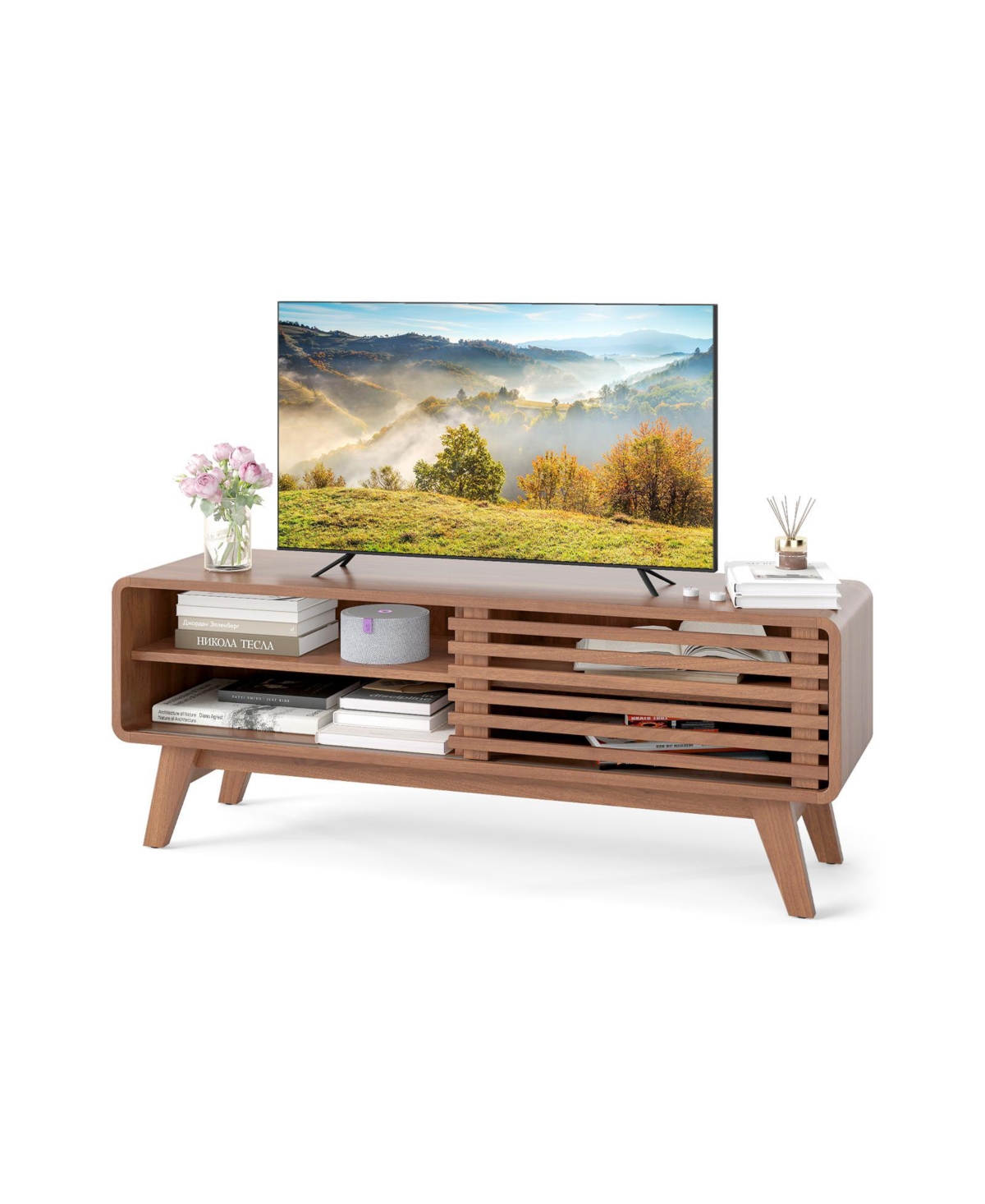 Mecale Tv Stand for TVs up to 55" with Sliding Door and Adjustable Shelves for Living Room